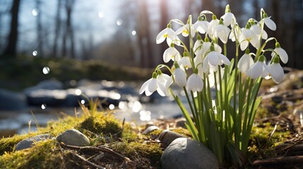 Snowdrops awakening by the stream, a serene springtime floral composition