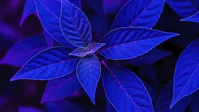 A mesmerizing close-up of lush plant foliage bathed in stunning, ethereal blue and violet light, creating an otherworldly and vibrant atmosphere. The intricate patterns of the leaf veins are highlight