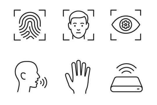 Biometric security icons: fingerprint, facial recognition, eye scan, voice control, hand sensor, rfid