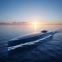 Sleek Boat Gliding on Calm Waters at Sunset, Modern Design.