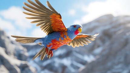 Colorful Parrot in Flight over Snow-Capped Mountains on a Sunny Day