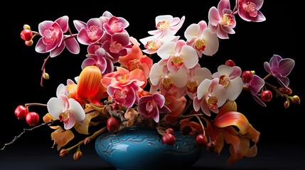 Exquisite orchid blossoms display in an ornate turquoise vase set against black