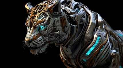 Futuristic mechanized tiger with glowing eyes, digital art creation