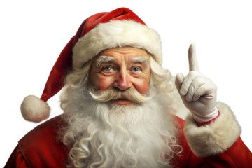 Portrait of santa claus with a white beard and red hat, pointing finger up, isolated on transparent background, festive christmas character
