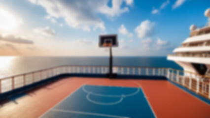 Blurred background of the interior of a basketball court located inside a modern cruise ship with complete facilities around it, without any bright lights.