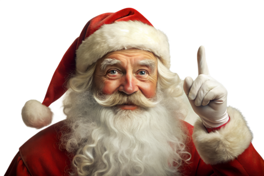 Portrait of santa claus with a white beard and red hat, pointing finger up, isolated on transparent background, festive christmas character