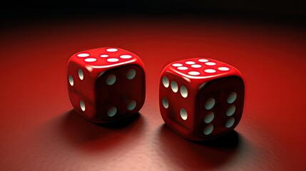 A close-up shot of two glossy red dice on a matching red surface