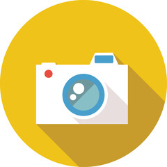 Modern Flat Design Icon of a White Camera with a Blue Lens Inside a Yellow Circle with Long Shadow Perfect for Digital Photography and Media Concepts