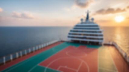 Blurred background of the interior of a basketball court located inside a modern cruise ship with complete facilities around it, without any bright lights.