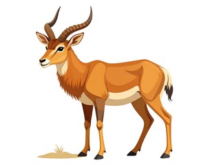 Obraz premium Vector illustration of an antelope with curved horns, standing on grass, isolated on white