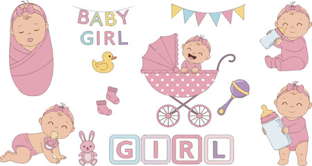 Newborn baby girl clip art set for shower, announcement, and nursery design on white background