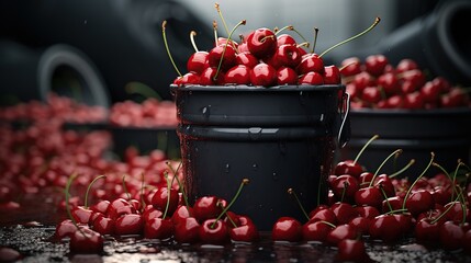 Abundance of fresh cherries spilling out from a rustic metal bucket, dark mode