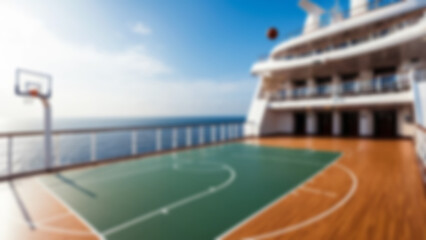 Blurred background of the interior of a basketball court located inside a modern cruise ship with complete facilities around it, without any bright lights.