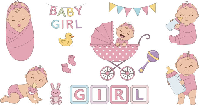 Newborn baby girl clip art set for shower, announcement, and nursery design on white background