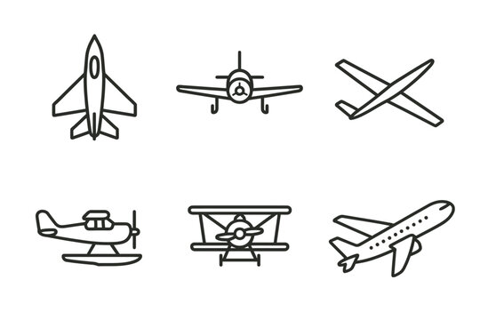 Set of six outline airplane icons in various styles and designs