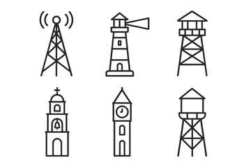 Fototapeta premium Outline icons of towers and structures: lighthouse, clock tower, water tower, radio antenna