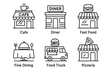 Different types of eateries: cafe, diner, fast food, fine dining, food truck, pizzeria