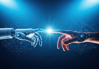 Human and robot hands touching, symbolizing artificial intelligence, future technology, and the connection between humans and machines
