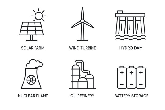 Renewable and nonrenewable energy icons: solar, wind, hydro, nuclear, oil, battery