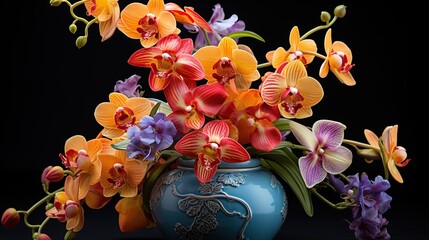 Vibrant Orchids Displayed in a Decorative Ceramic Vase against Black Backdrop
