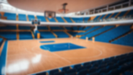 Blurred background of the interior of a basketball court located inside a modern cruise ship with complete facilities around it, without any bright lights.