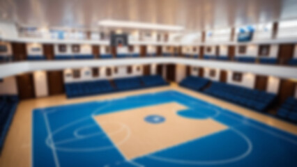 Blurred background of the interior of a basketball court located inside a modern cruise ship with complete facilities around it, without any bright lights.