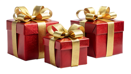 Three red gift boxes with gold ribbon and bows isolated on transparent background