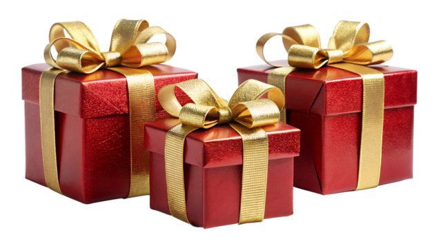 Three red gift boxes with gold ribbon and bows isolated on transparent background