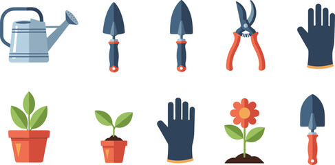 Gardening icon set, tools and plants, watering can, trowel, gloves, potted flowers, pruning shears, soil care, vector illustration, horticulture design