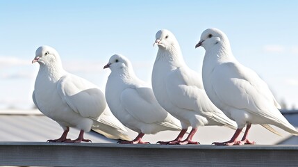 Serene flock: Four pristine white doves perched against a clear blue backdrop