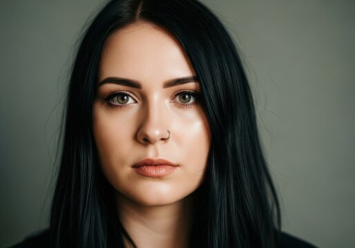 Closeup portrait of a beautiful young woman with dark hair and light eyes looking directly at the camera with a neutral expression