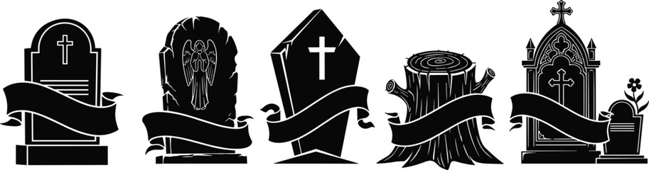 Gravestone vector set, black silhouette icons, memorial markers with blank ribbons, spooky funeral design, Halloween theme, gothic graphic, stock illustration