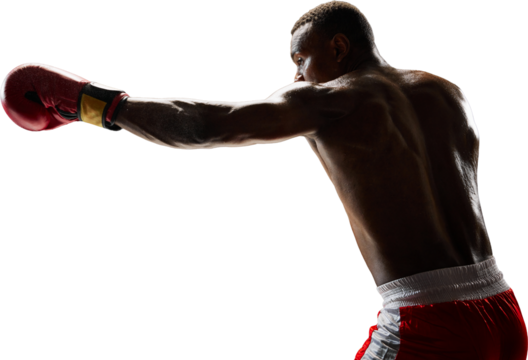 Male boxer extending arm forward showing powerful punch and perfect motion. Concept of speed, precision, athletic performance, and physical control. Transparent background