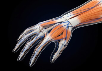 Human hand anatomy with muscles, bones, veins, and nerves for medical education and healthcare isolated on a dark background