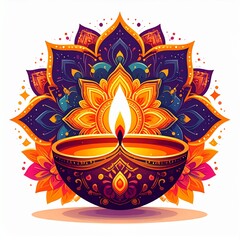Indian festival happy diwali oil lamp or diya with mandala style vector illustration on white background