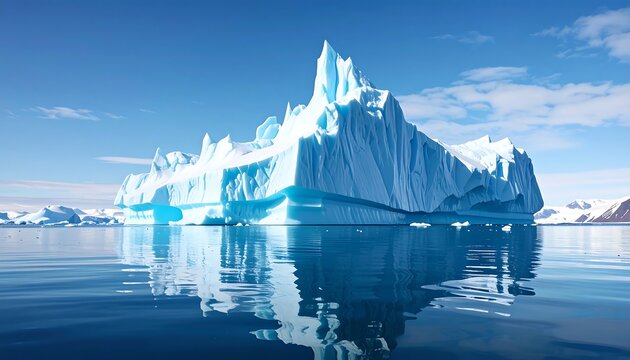 A majestic iceberg floats in calm waters under a clear blue sky