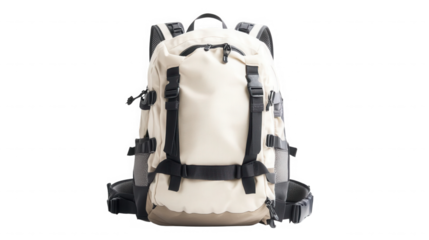A front view of a cream colored backpack with black straps and buckles  on transparent background