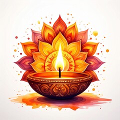 Indian festival happy diwali oil lamp or diya with mandala style vector illustration on white background