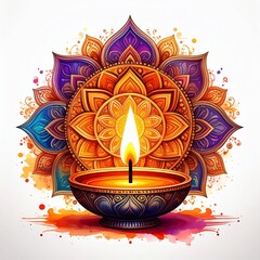 Indian festival happy diwali oil lamp or diya with mandala style vector illustration on white background