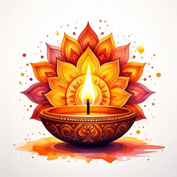 Indian festival happy diwali oil lamp or diya with mandala style vector illustration on white background