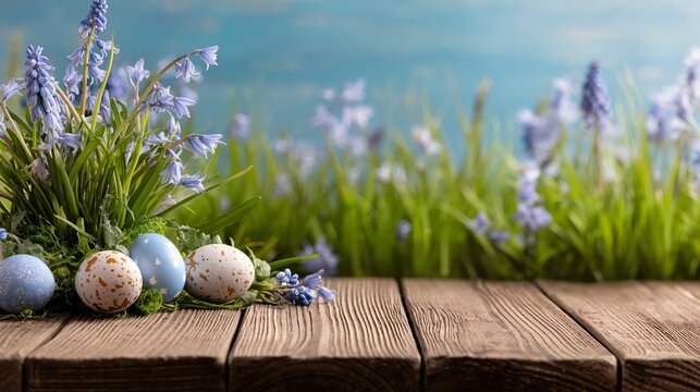 Easter eggs and bluebell flowers on a wooden table with a blurred natural background