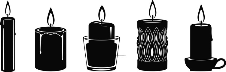 Lit candles collection, festive candle designs, wax decor elements, vintage holders, cozy ambiance, spiritual light, holiday vector illustration, glowing flame icons