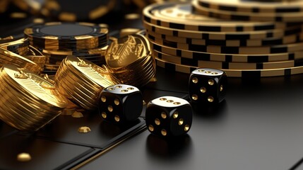 Elegant Casino Game Still Life: Black Dice and Golden Playing Chips Arrangement