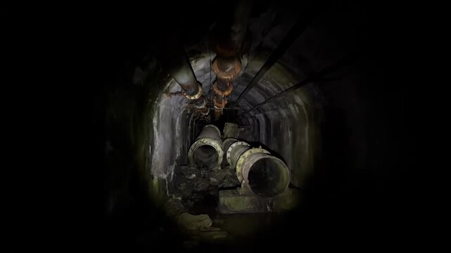 Exploring a dark and dirty underground pipe tunnel with large pipes and hanging rusty conduits, urban exploration footage.