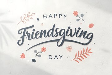 Happy friendsgiving day greeting card with hand drawn calligraphy and delicate floral and leaf illustrations on a textured white background with soft shadow overlay