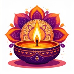 Indian festival happy diwali oil lamp or diya with mandala style vector illustration on white background