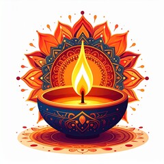 Indian festival happy diwali oil lamp or diya with mandala style vector illustration on white background