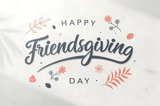Happy friendsgiving day greeting card with hand drawn calligraphy and delicate floral and leaf illustrations on a textured white background with soft shadow overlay