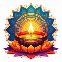 Indian festival happy diwali oil lamp or diya with mandala style vector illustration on white background