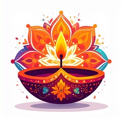 Indian festival happy diwali oil lamp or diya with mandala style vector illustration on white background